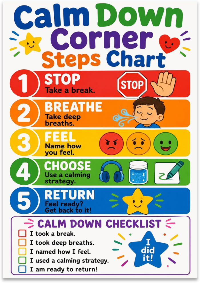 Calm Down Corner Steps poster with five rainbow-colored steps and a printed checklist