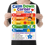 Calm Down Corner Steps poster with five rainbow-colored steps and a printed checklist shown in a held-poster mockup
