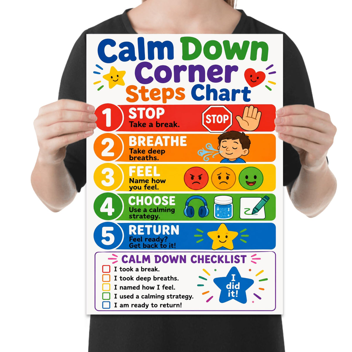 Calm Down Corner Steps poster with five rainbow-colored steps and a printed checklist shown in a held-poster mockup
