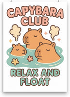 Capybara Club poster with three brown capybaras in a mint-green pool and the words Relax and Float, shown in a clipped-paper mockup