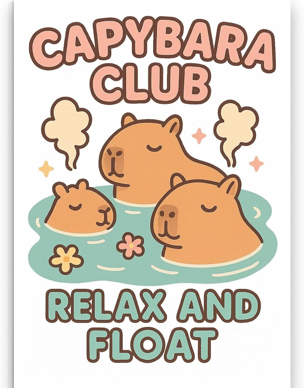 Closer view of the pastel Capybara Club artwork with flowers, pink stars, and three capybaras
