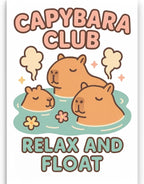 Closer view of the pastel Capybara Club artwork with flowers, pink stars, and three capybaras
