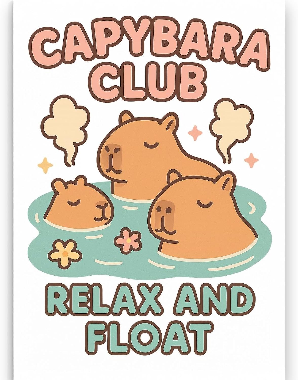 Closer view of the pastel Capybara Club artwork with flowers, pink stars, and three capybaras