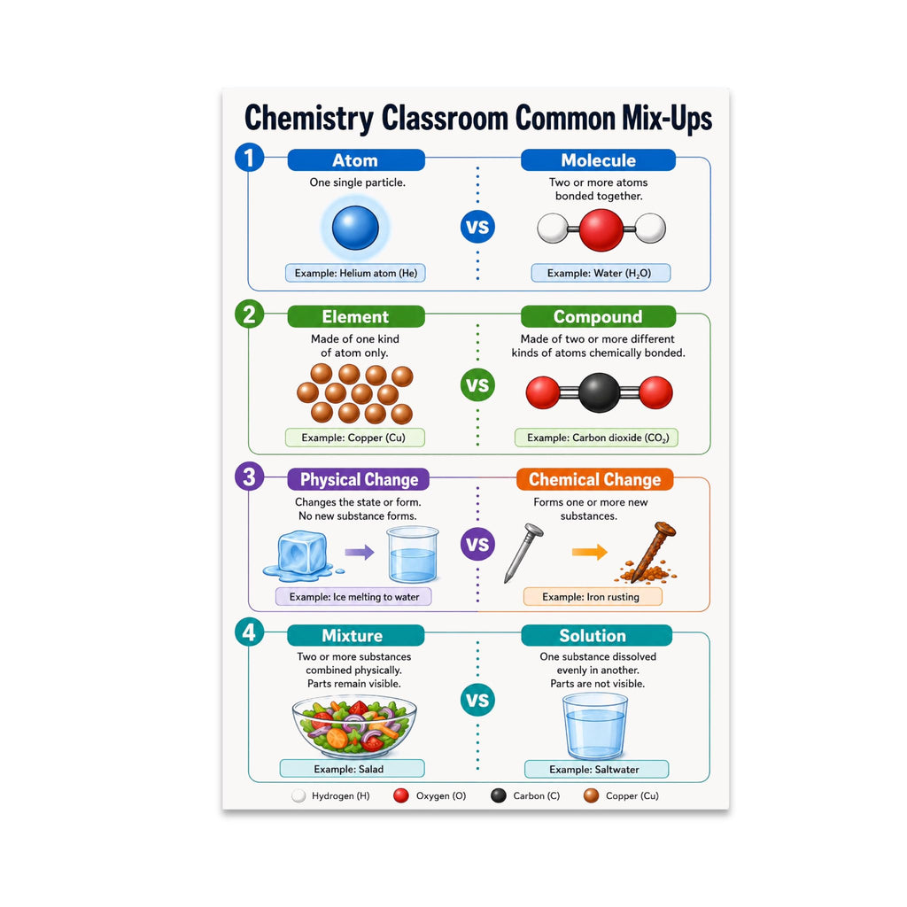 Chemistry Classroom Common Mix-Ups poster comparing atom and molecule, element and compound, changes, mixtures and solutions