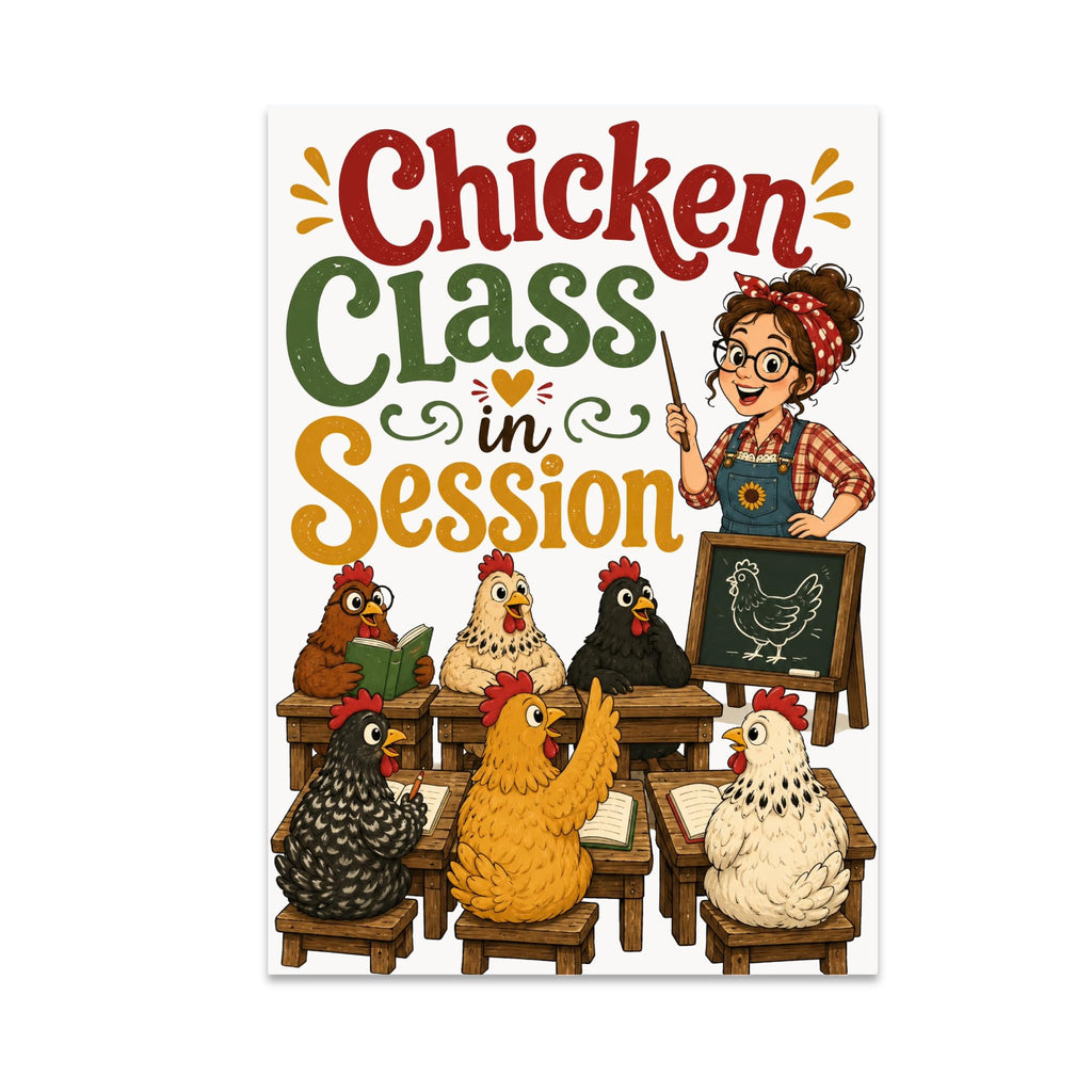 Chicken Class in Session poster showing a teacher and chickens seated at small wooden school desks