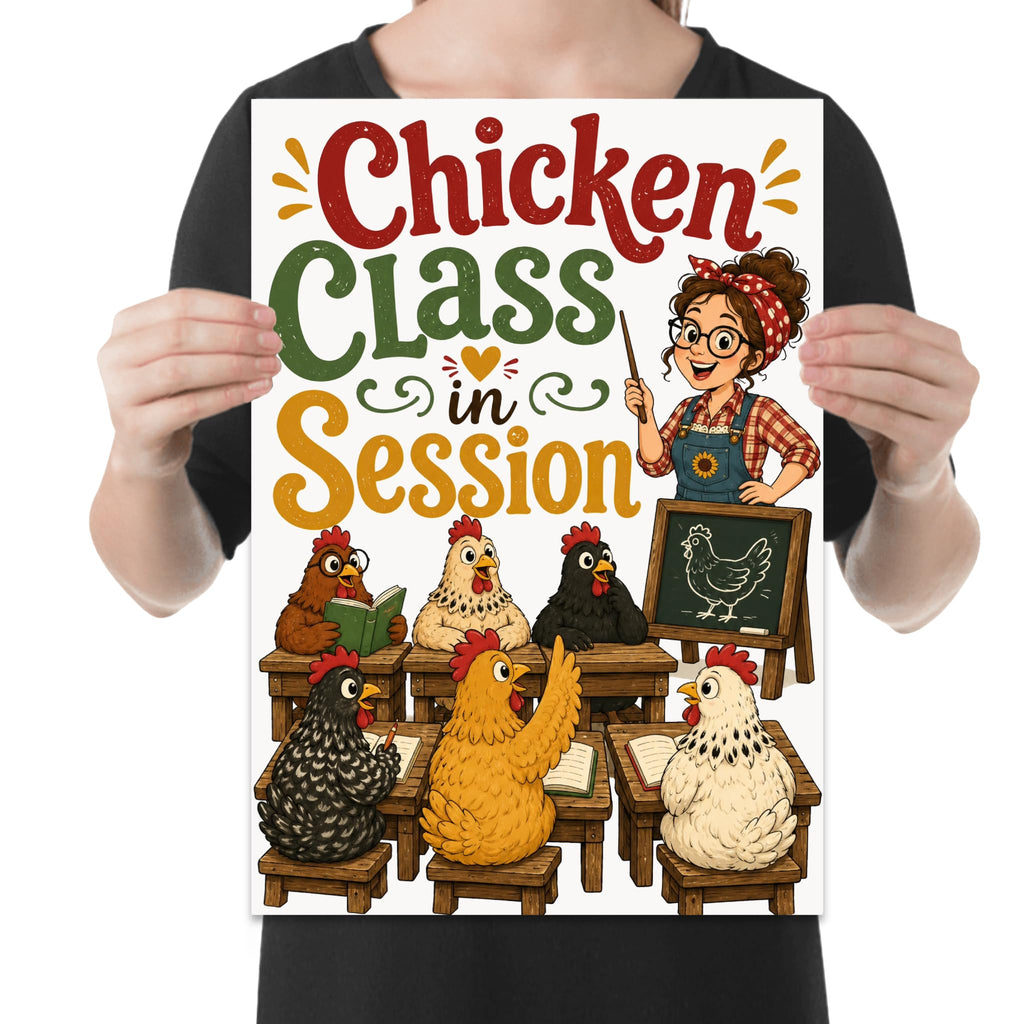 Chicken Class in Session poster showing a teacher and chickens seated at small wooden school desks, shown held for scale