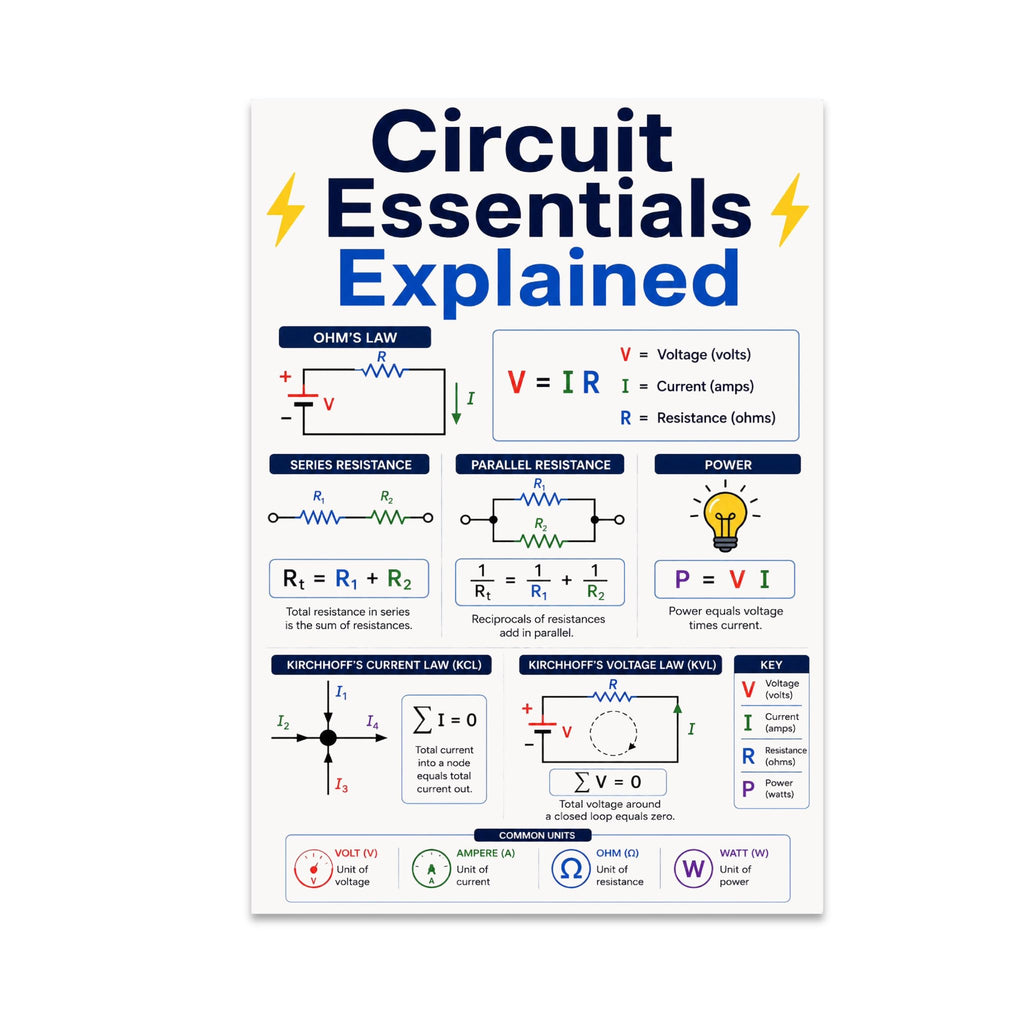 Circuit Essentials Explained poster with electrical formulas, series and parallel circuits, and a symbol key