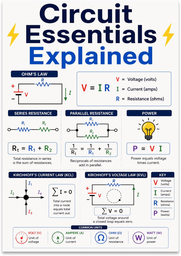 Circuit Essentials Explained poster with electrical formulas, series and parallel circuits, and a symbol key