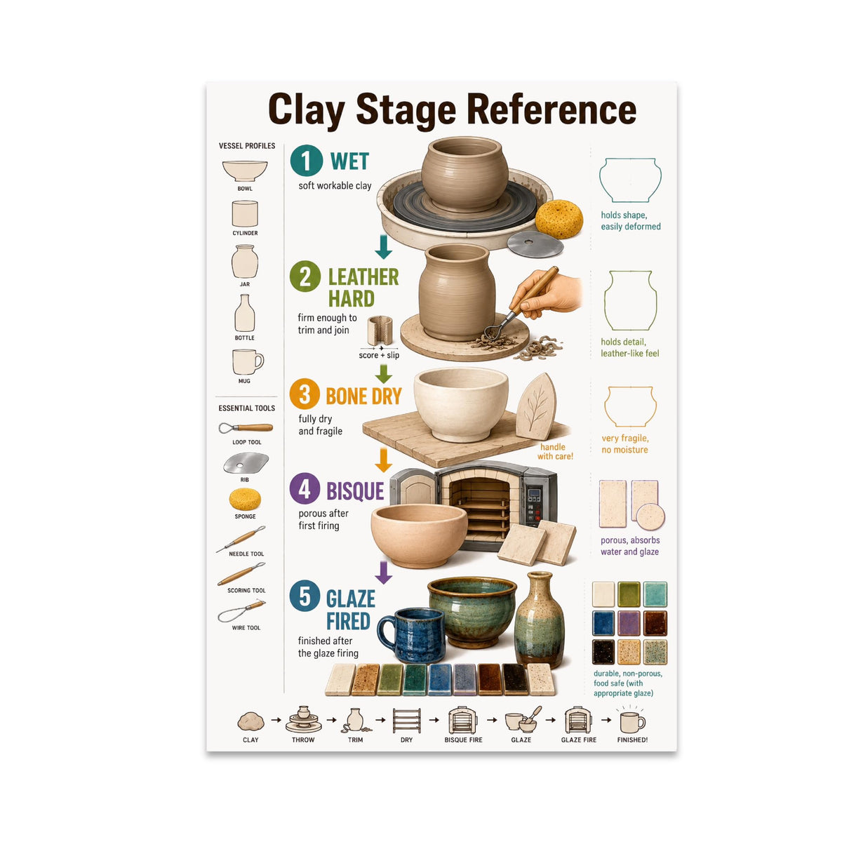 Clay Stage Reference poster showing wet, leather hard, bone dry, bisque, and glaze-fired pottery
