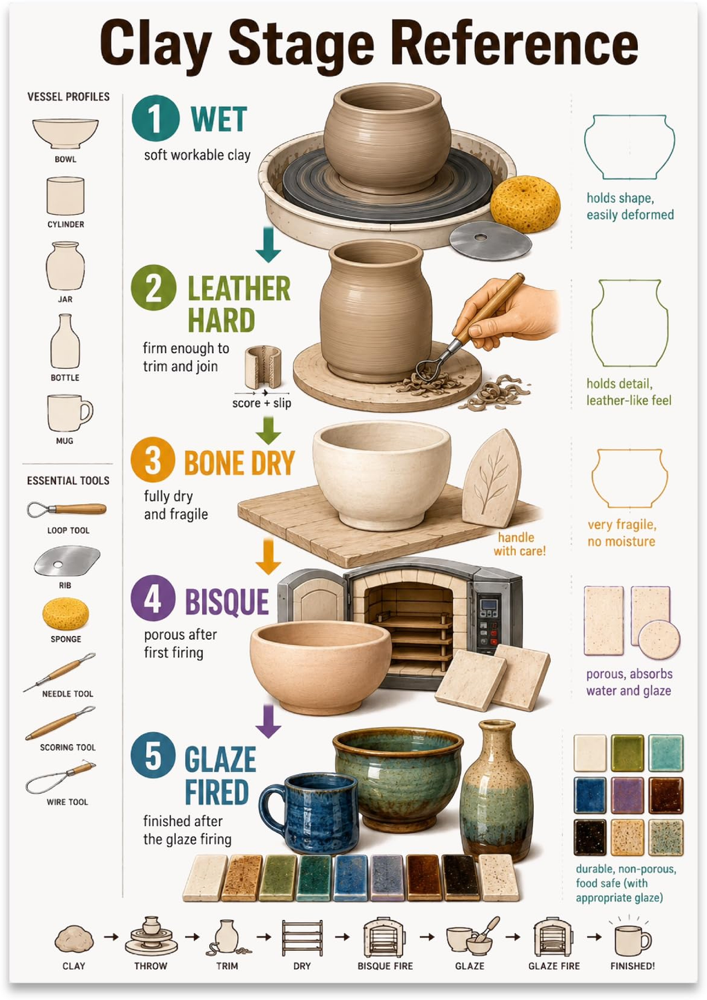 Clay Stage Reference poster showing wet, leather hard, bone dry, bisque, and glaze-fired pottery