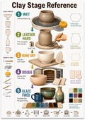 Clay Stage Reference poster showing wet, leather hard, bone dry, bisque, and glaze-fired pottery