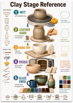 Clay Stage Reference poster showing wet, leather hard, bone dry, bisque, and glaze-fired pottery