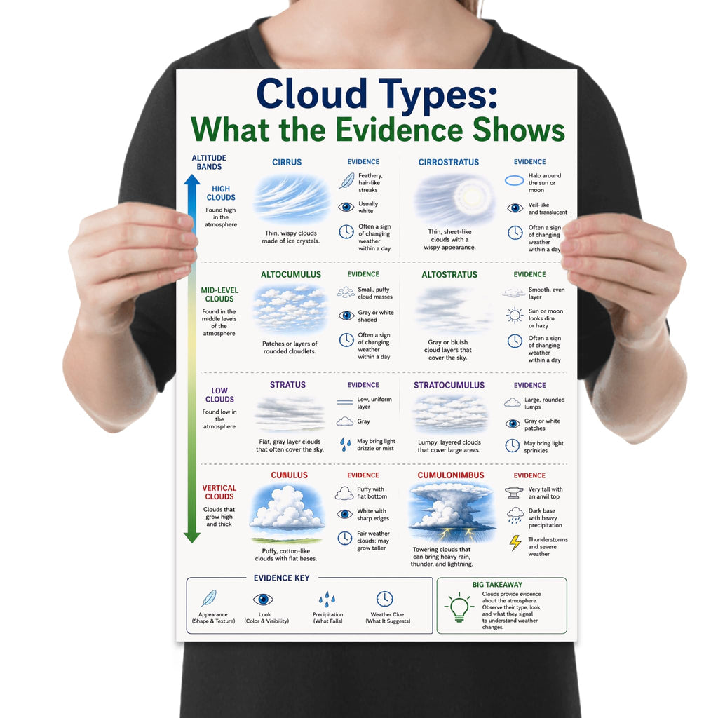 Cloud Types What the Evidence Shows poster with illustrated clouds, altitude groups, observation notes and weather symbols shown in a held-poster mockup