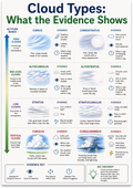 Cloud Types What the Evidence Shows poster with illustrated clouds, altitude groups, observation notes and weather symbols