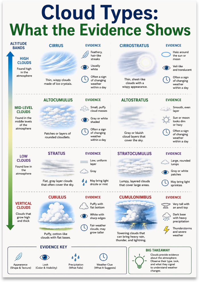 Cloud Types What the Evidence Shows poster with illustrated clouds, altitude groups, observation notes and weather symbols