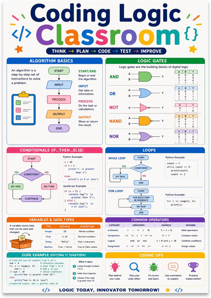 Coding Logic Classroom poster with colorful flowcharts, logic-gate diagrams, loops and programming examples
