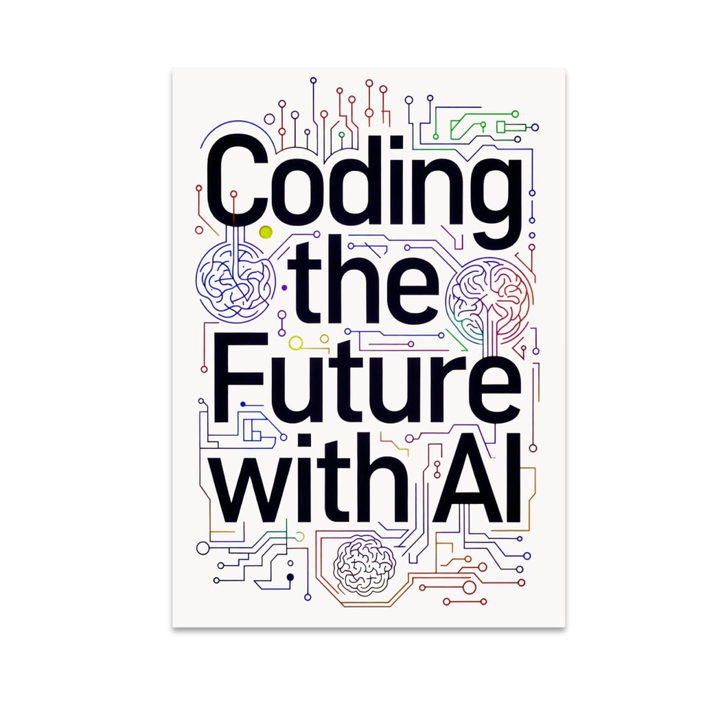 Coding the Future with AI poster with bold black text, colorful circuit paths and brain-inspired line drawings