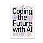 Coding the Future with AI poster with bold black text, colorful circuit paths and brain-inspired line drawings