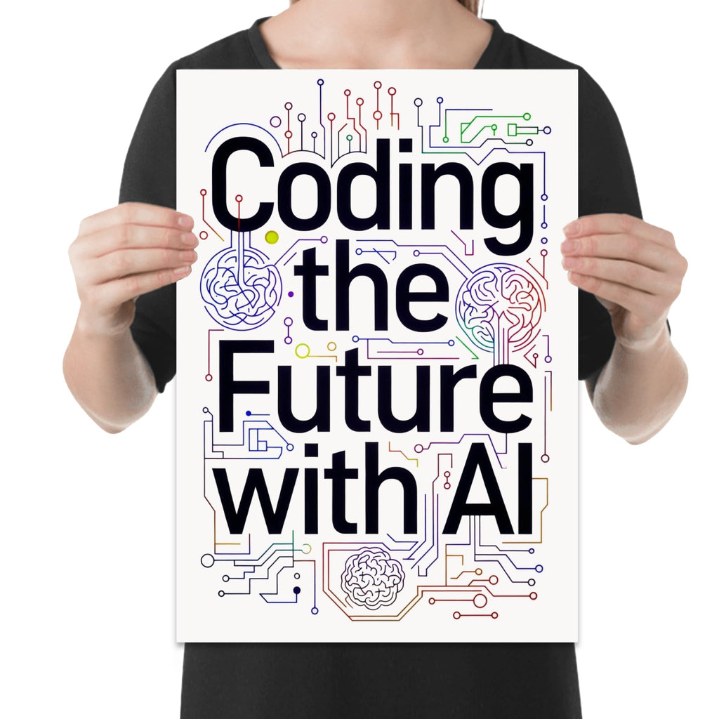 Coding the Future with AI poster with bold black text, colorful circuit paths and brain-inspired line drawings shown in a held-poster mockup