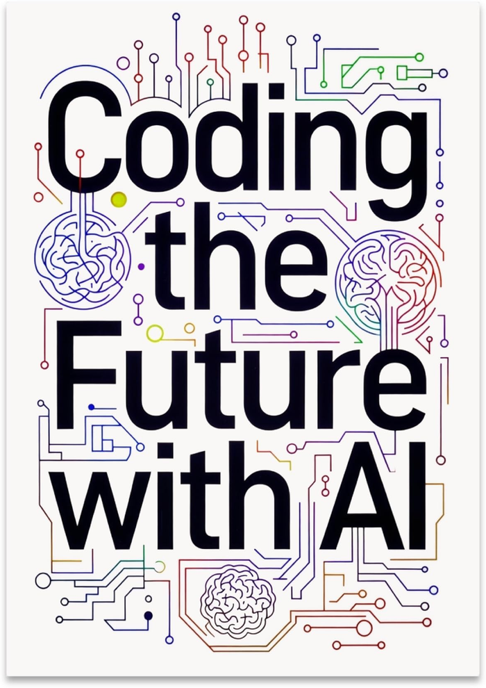 Coding the Future with AI poster with bold black text, colorful circuit paths and brain-inspired line drawings