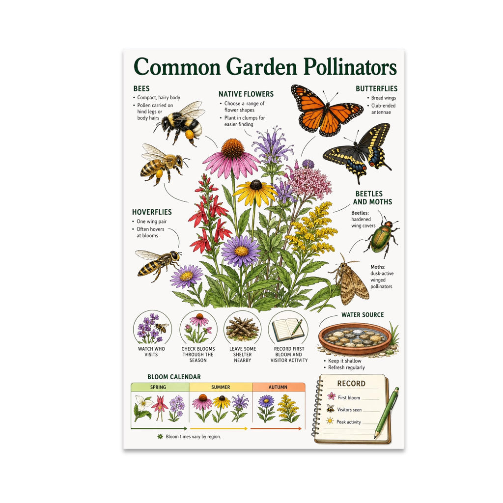Common Garden Pollinators poster with bees, butterflies, flowers, a bloom calendar and garden observation section