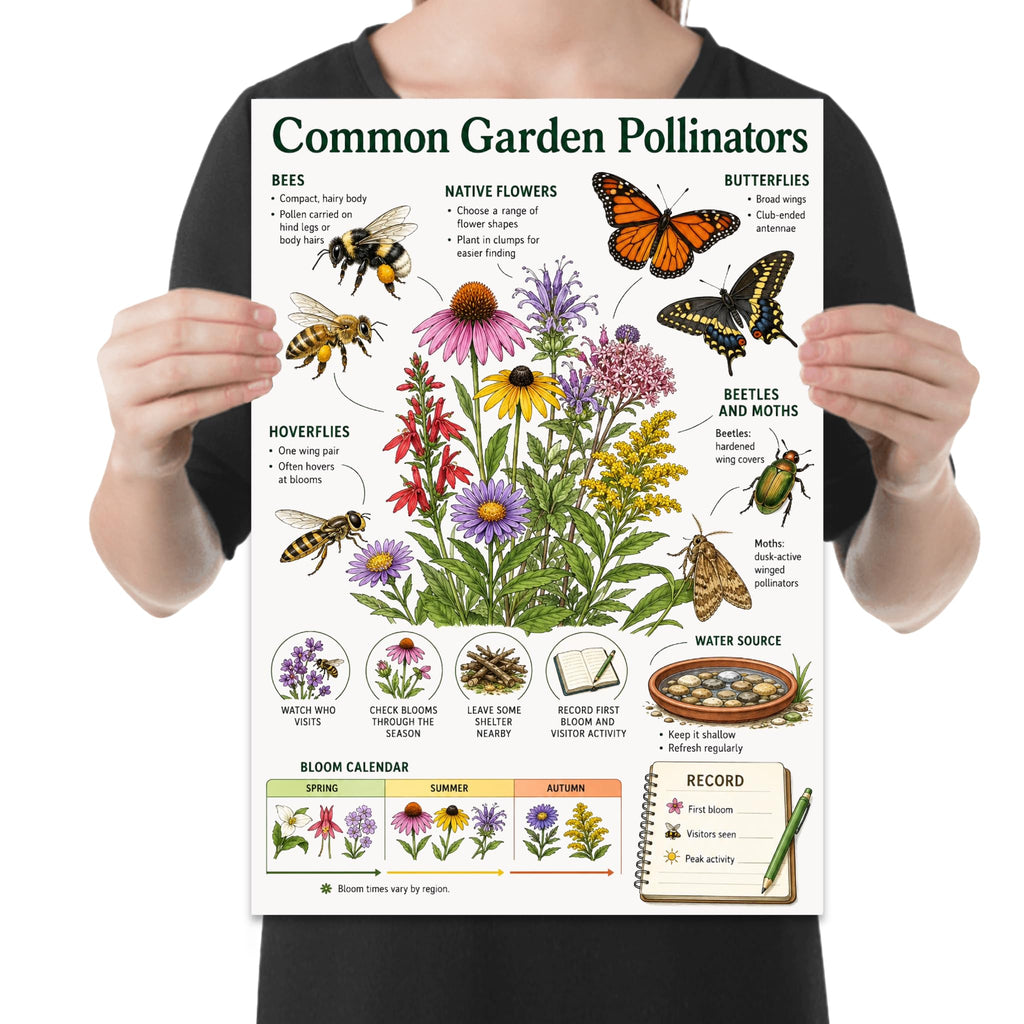 Common Garden Pollinators poster with bees, butterflies, flowers, a bloom calendar and garden observation section, shown held for scale