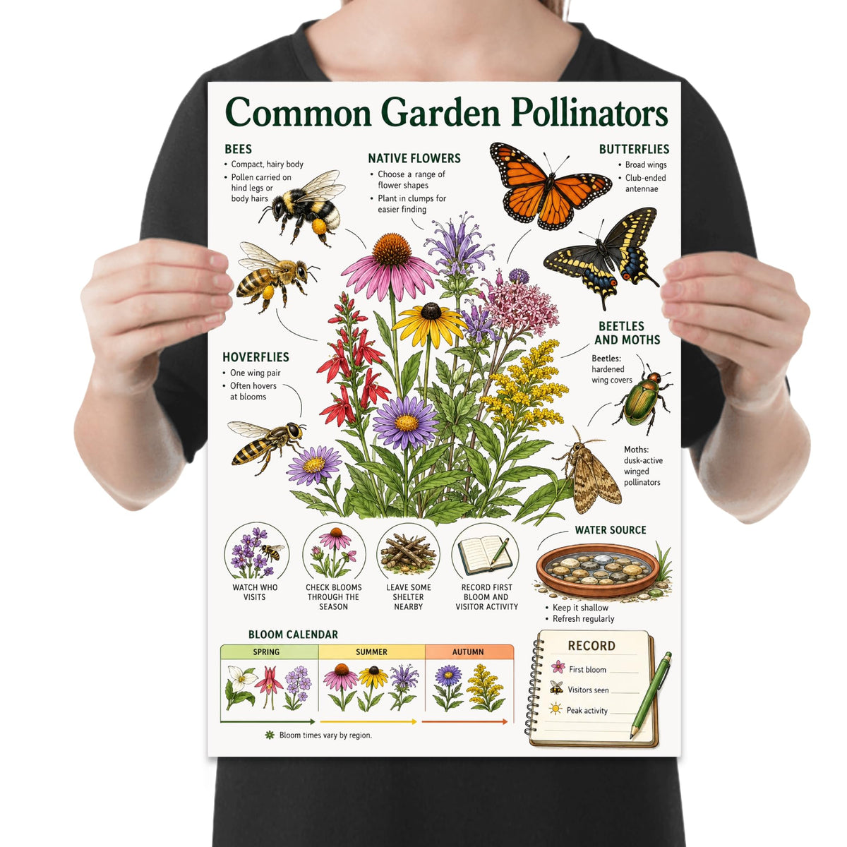 Common Garden Pollinators poster with bees, butterflies, flowers, a bloom calendar and garden observation section, shown held for scale