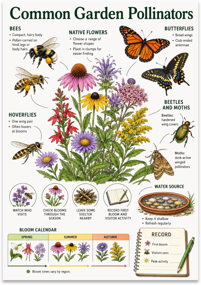 Common Garden Pollinators poster with bees, butterflies, flowers, a bloom calendar and garden observation section