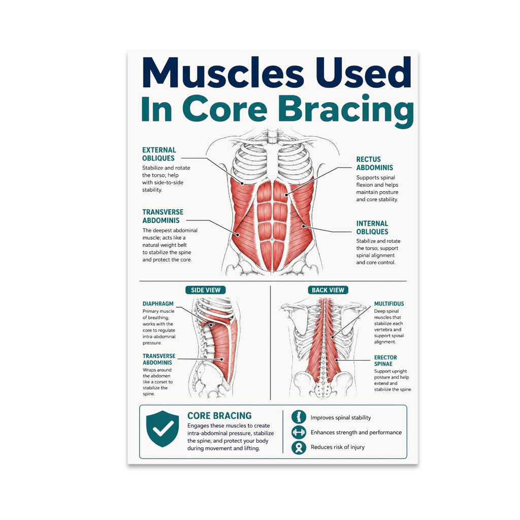 Muscles Used in Core Bracing poster with front, side and back anatomical diagrams and teal headings