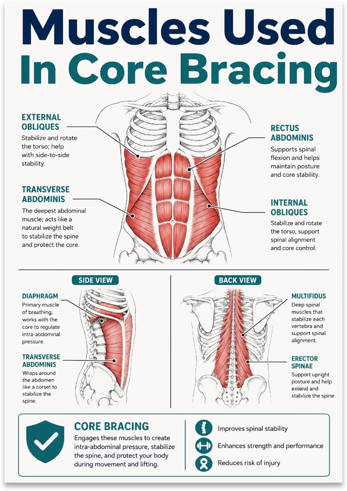 Muscles Used in Core Bracing poster with front, side and back anatomical diagrams and teal headings