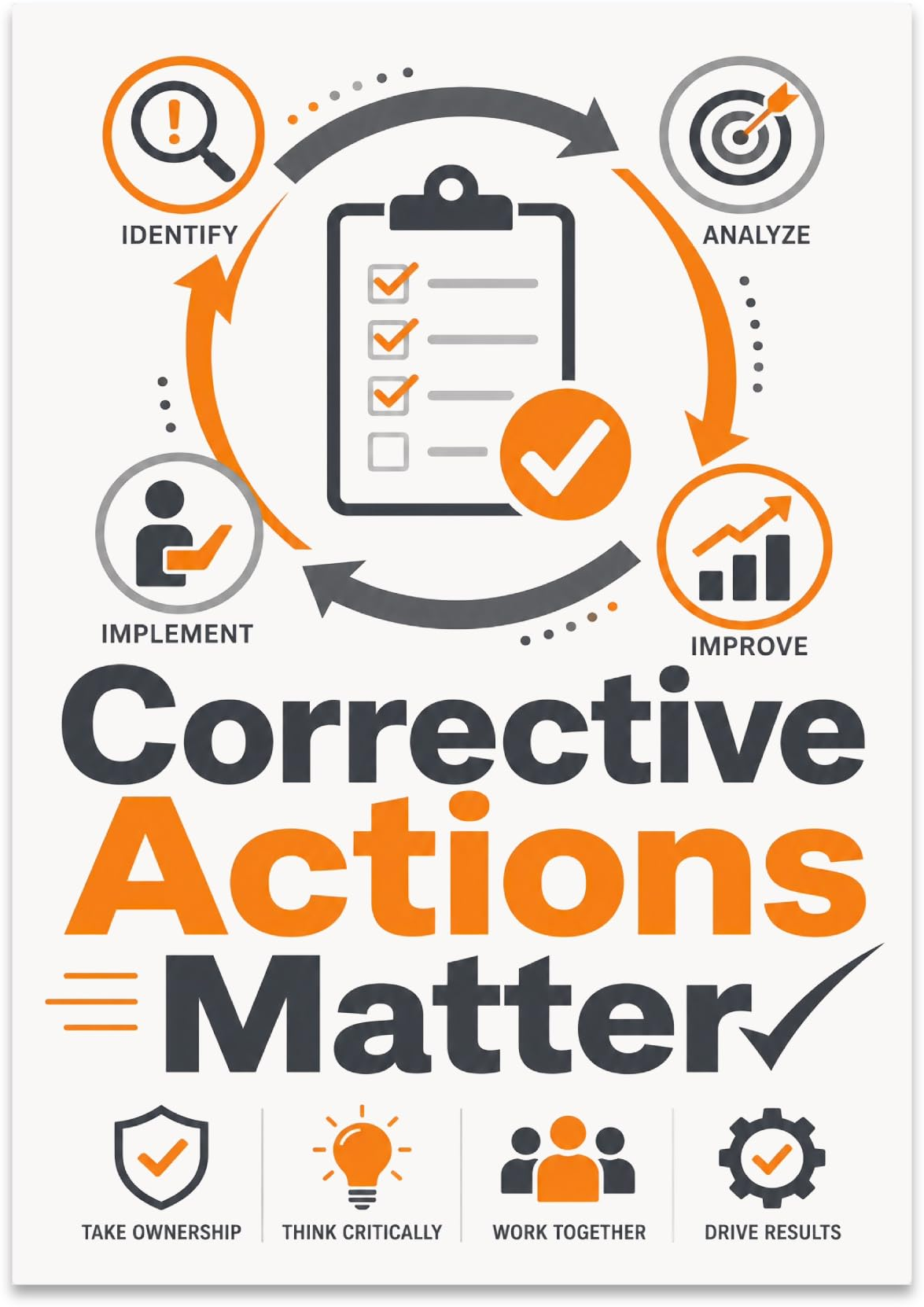 Quality assurance poster with Corrective Actions Matter lettering and an orange improvement-cycle diagram