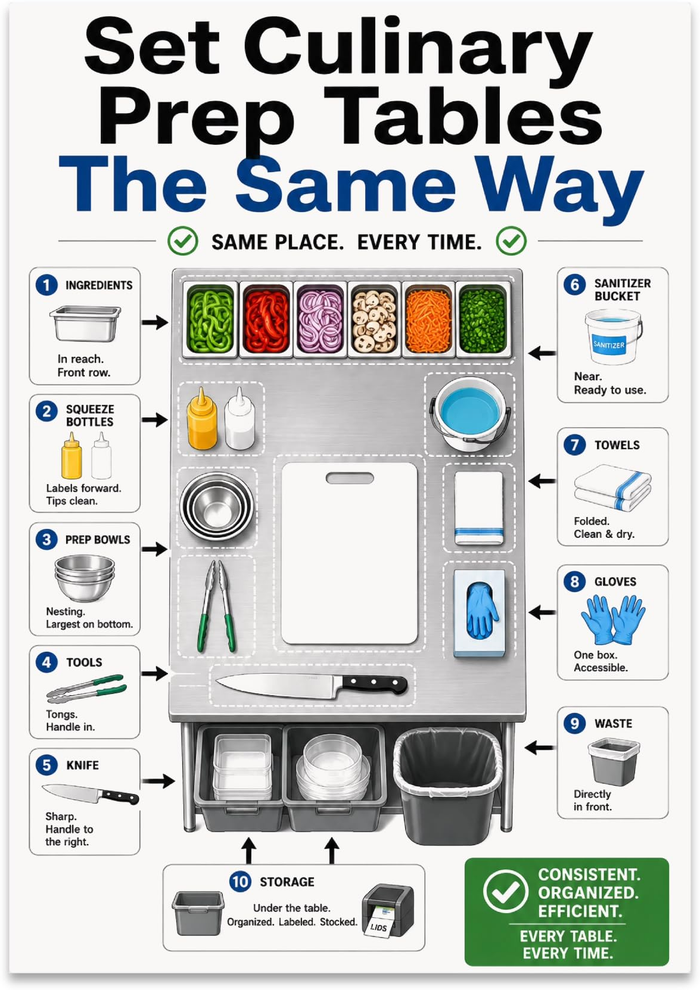 Set Culinary Prep Tables the Same Way poster with an overhead workstation, tools, ingredient bins and numbered callouts