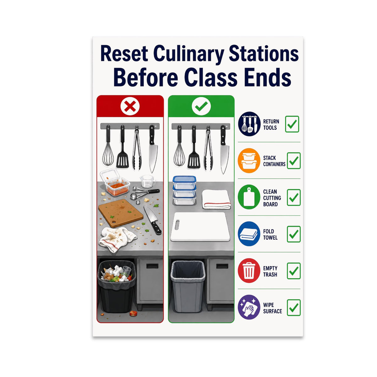 Reset Culinary Stations Before Class Ends poster with messy and clean workstations and a checklist