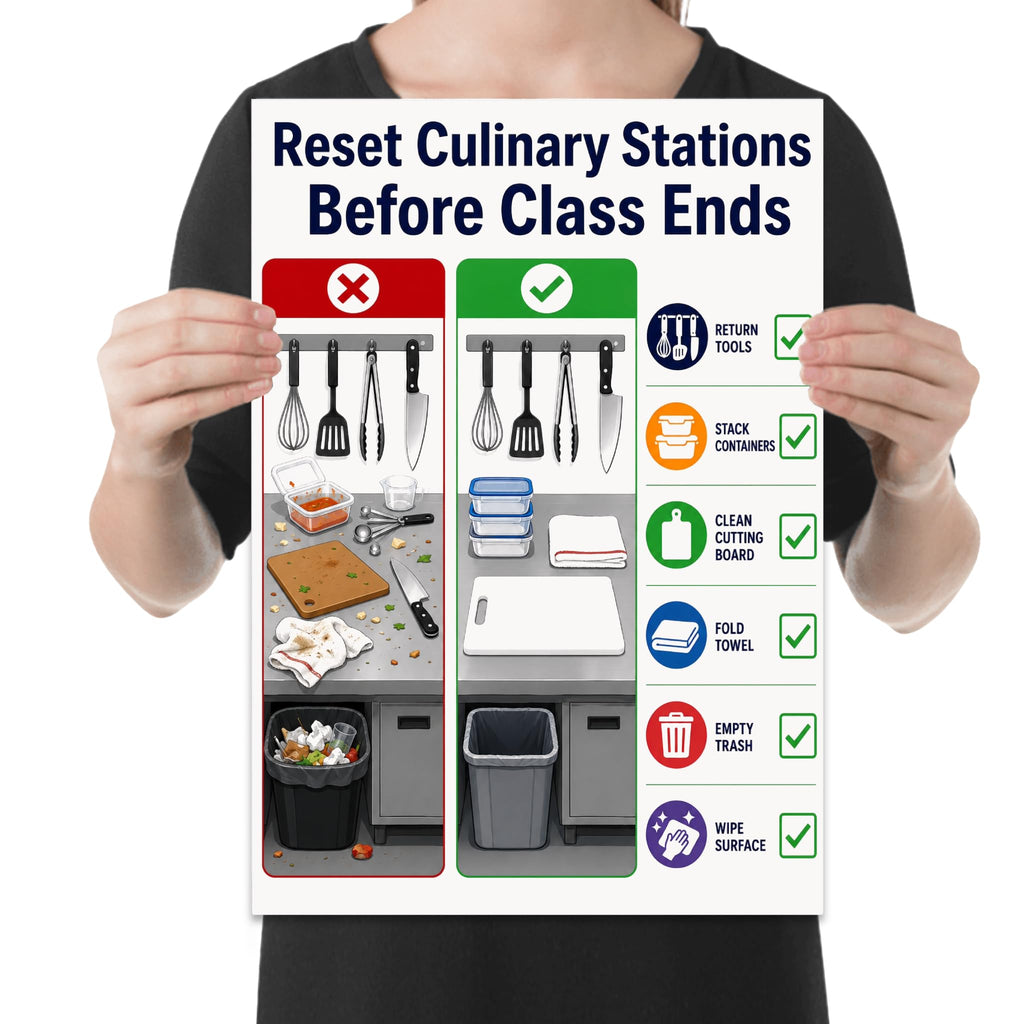 Reset Culinary Stations Before Class Ends poster with messy and clean workstations and a checklist, shown held for scale
