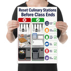 Reset Culinary Stations Before Class Ends poster with messy and clean workstations and a checklist, shown held for scale