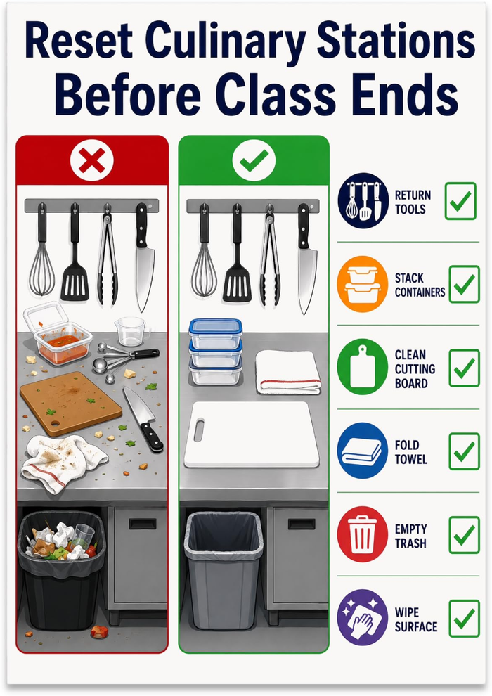 Reset Culinary Stations Before Class Ends poster with messy and clean workstations and a checklist