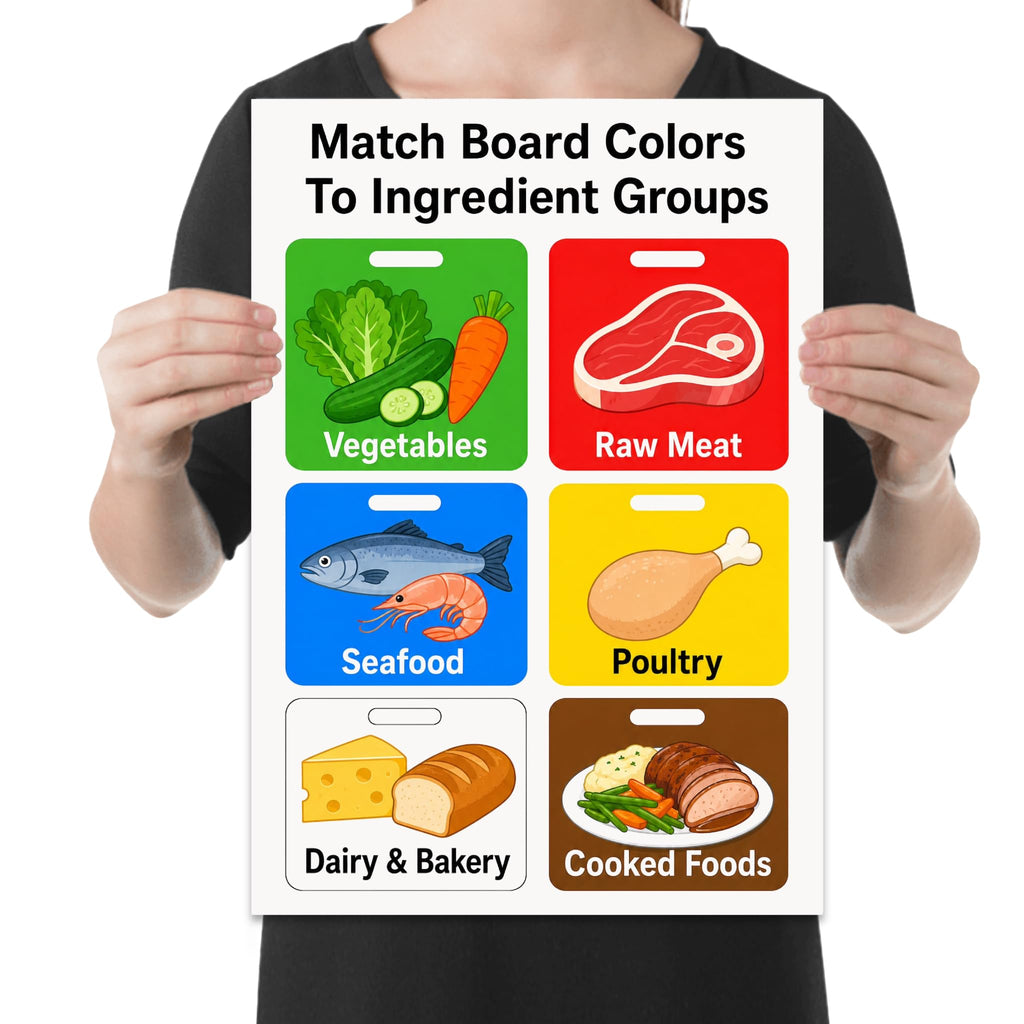 Person holding the cutting board organization chart poster to show its layout