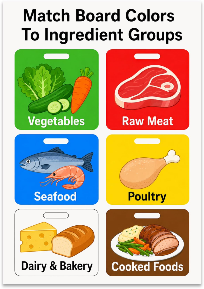 Cutting board chart with six colored boards labeled for vegetables, raw meat, seafood, poultry, dairy and bakery, and cooked foods