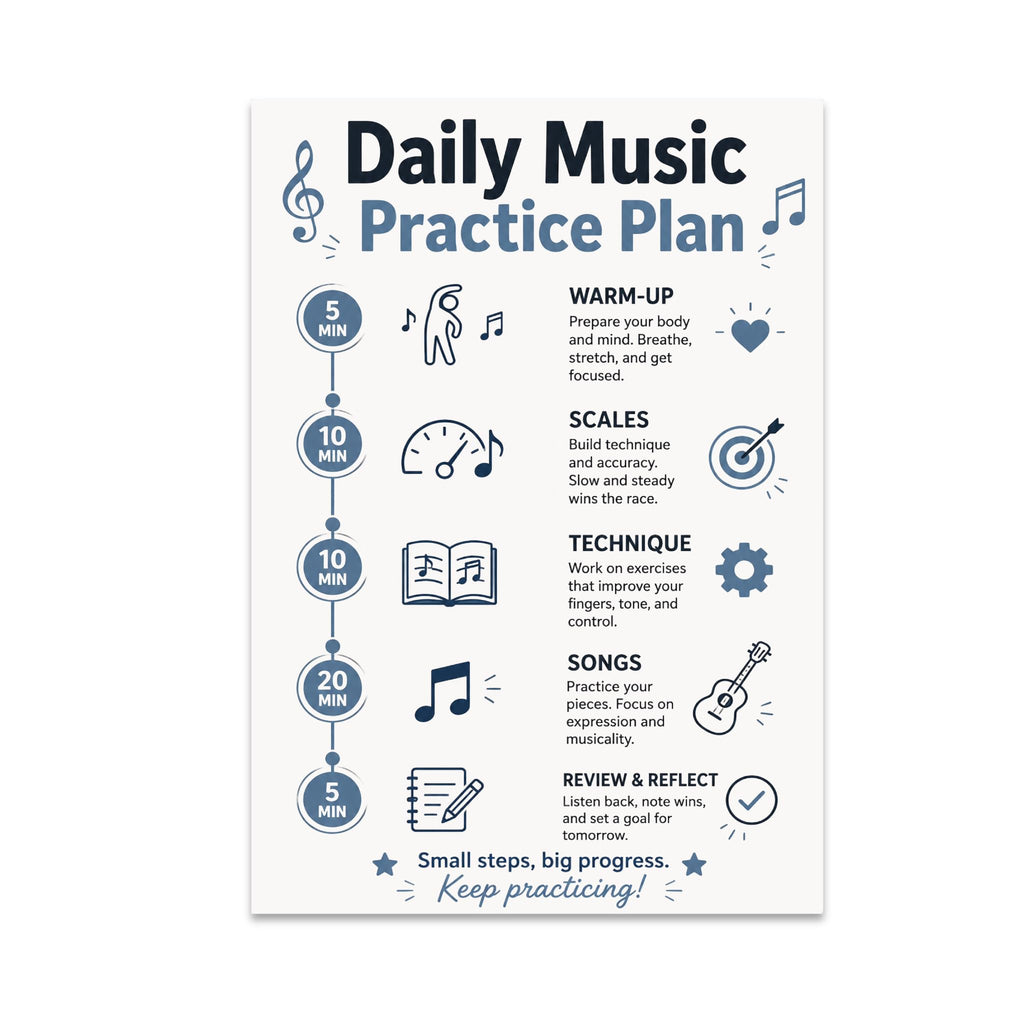 Daily Music Practice Plan poster with a five-stage timeline, music notes, and instrument illustrations