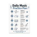 Daily Music Practice Plan poster with a five-stage timeline, music notes, and instrument illustrations