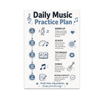 Daily Music Practice Plan poster with a five-stage timeline, music notes, and instrument illustrations