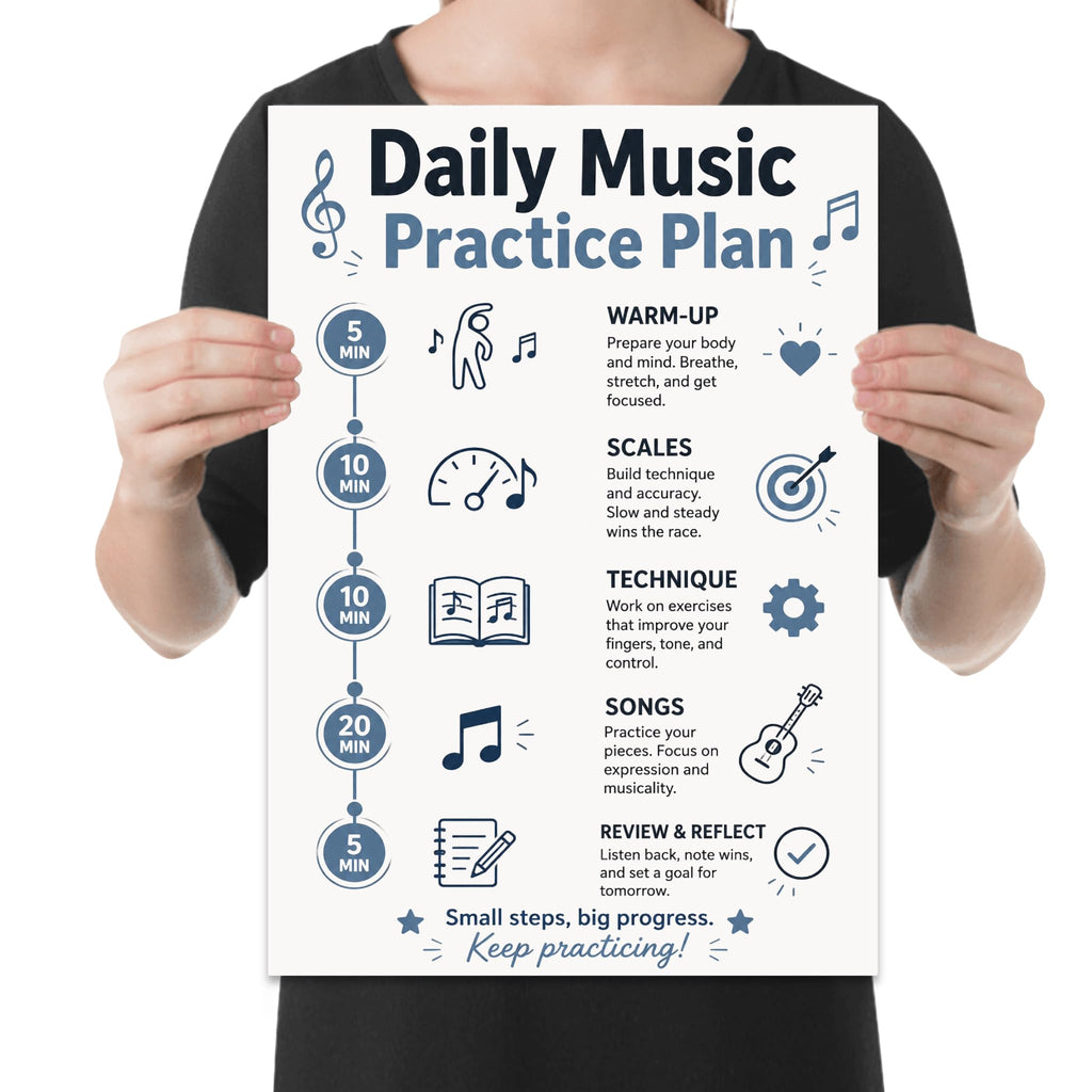 Person holding the daily music practice plan poster to show its layout