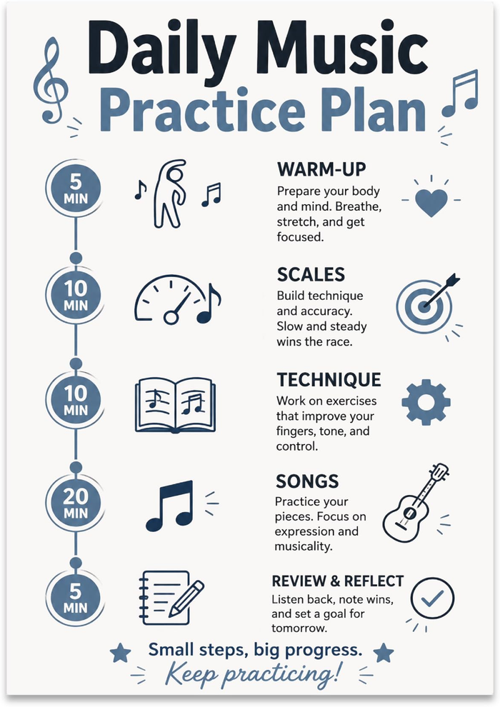 Daily Music Practice Plan poster with a five-stage timeline, music notes, and instrument illustrations