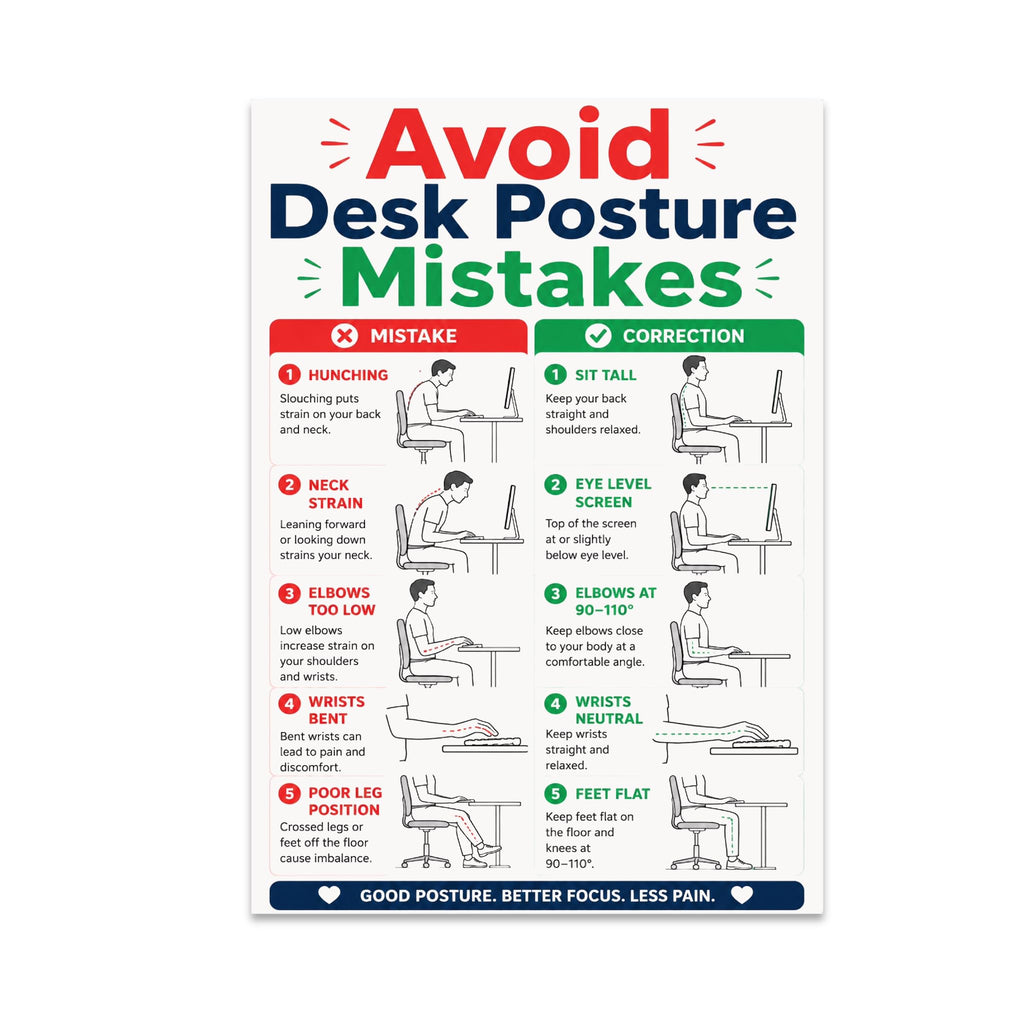 Avoid Desk Posture Mistakes poster with five red-and-green comparisons of seated workstation positions