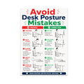 Avoid Desk Posture Mistakes poster with five red-and-green comparisons of seated workstation positions