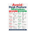 Avoid Desk Posture Mistakes poster with five red-and-green comparisons of seated workstation positions