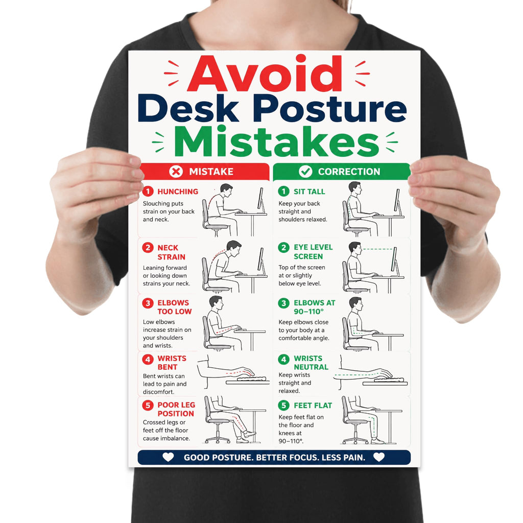 Avoid Desk Posture Mistakes poster with five red-and-green comparisons of seated workstation positions, shown held for scale