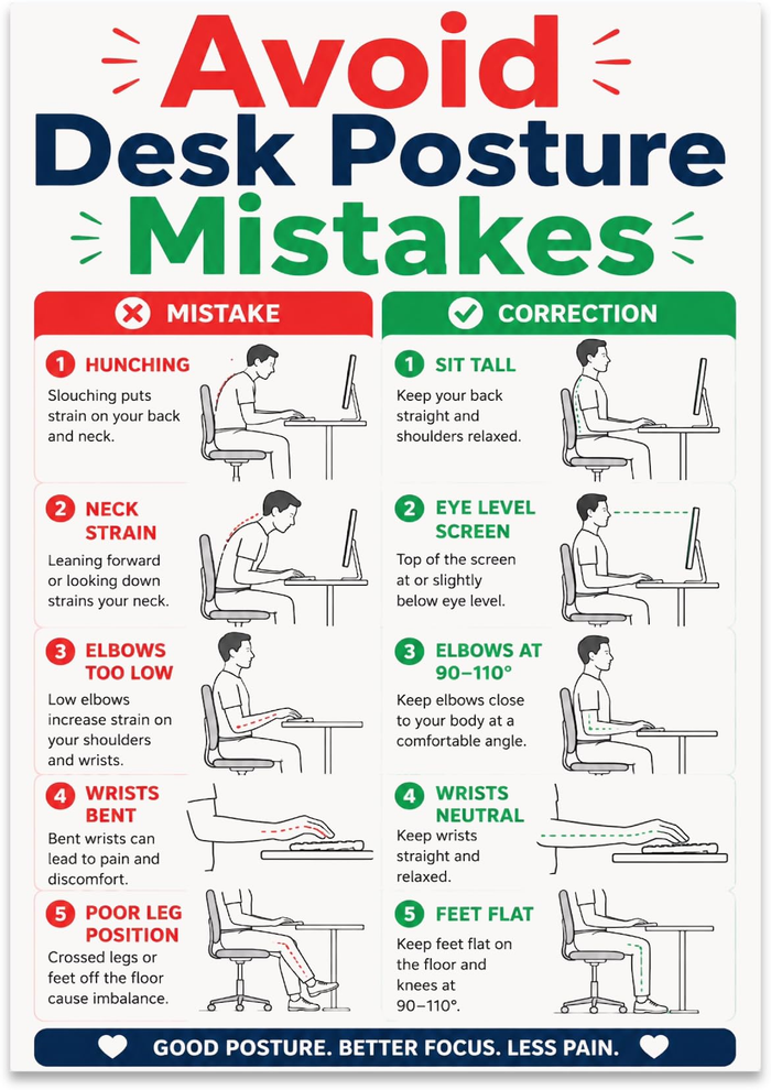 Avoid Desk Posture Mistakes poster with five red-and-green comparisons of seated workstation positions