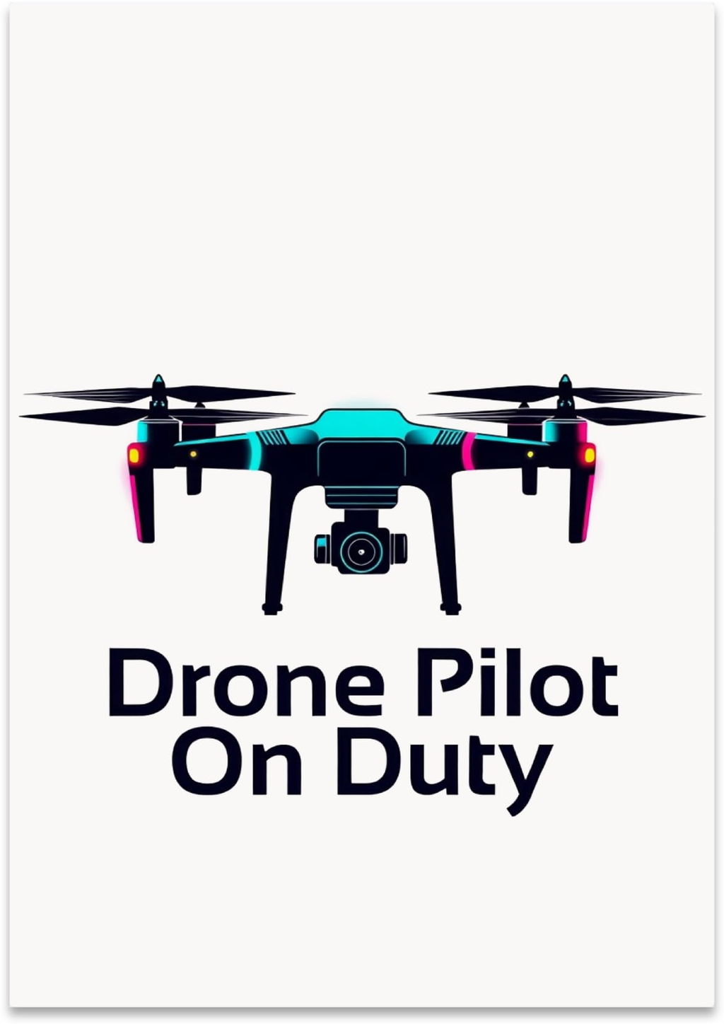 Drone Pilot On Duty poster with a camera drone illustration and dark lettering on white