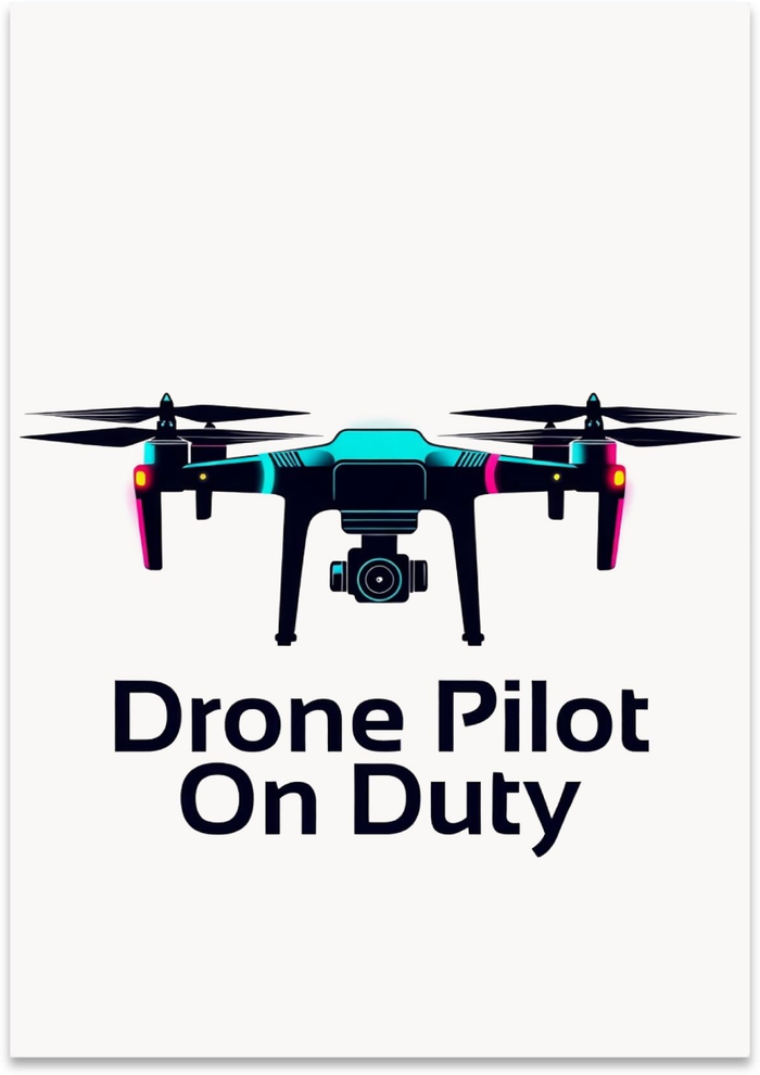 Drone Pilot On Duty poster with a camera drone illustration and dark lettering on white